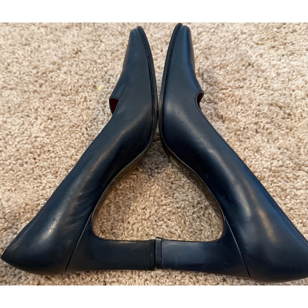 Lauren Ralph Lauren Navy Blue Leather Pumps Almond Toe Block Heel Spain Size 6B - Picture 3 of 7